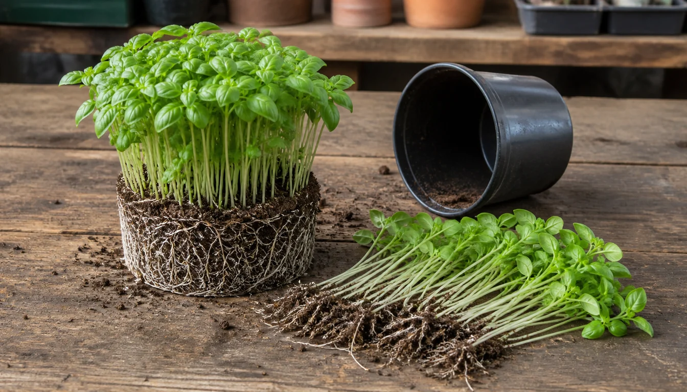 A supermarket basil pot knocked out on a bench showing dozens of thin seedling stems packed into one small dense root plug with roots circling tightly, some stems teased apart to one side