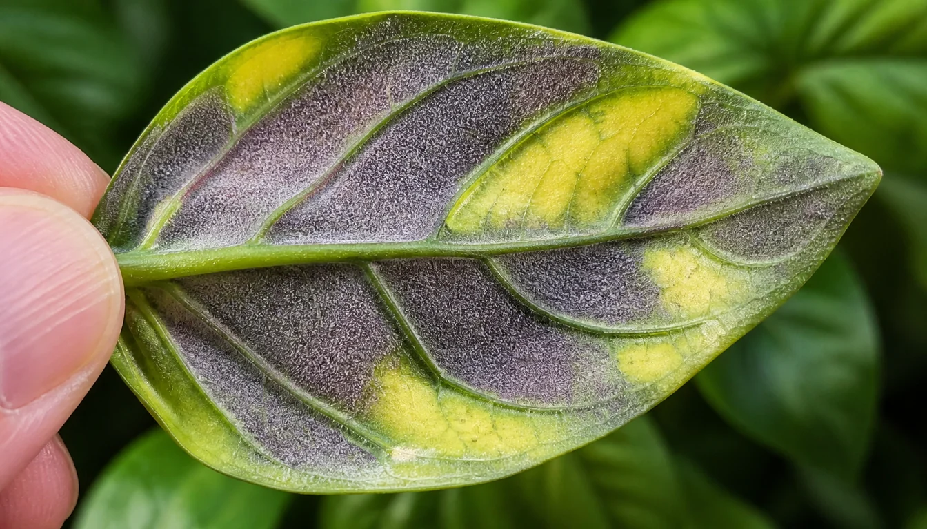The underside of a basil leaf held and turned over, showing dense gray to purple fuzzy growth in angular patches bounded by the leaf veins