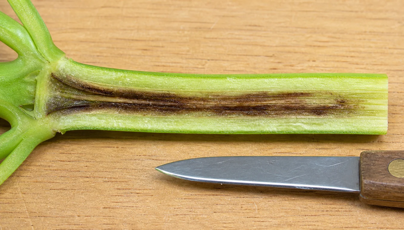 A basil stem sliced open lengthwise showing dark brown streaking running up inside the tissue while the outside of the stem still looks green