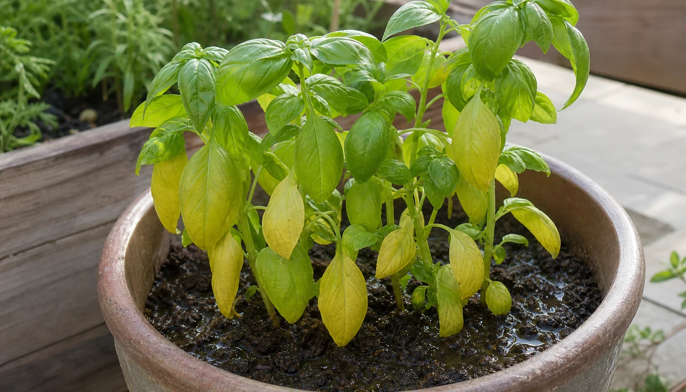 A sweet basil plant in a terracotta pot with pale yellow lower leaves, green top growth, and a wet glossy soil surface