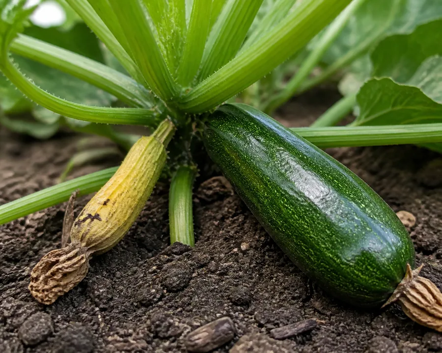 A small pale yellow wrinkled zucchini with a dead withered flower still attached at its tip, lying on the soil beside a firm glossy dark green fruit roughly twice its size