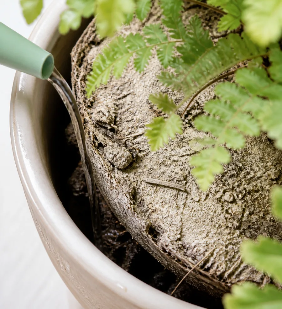 Water from a can running straight down the gap between a shrunken dry root ball and the inside wall of the pot instead of soaking into the compost