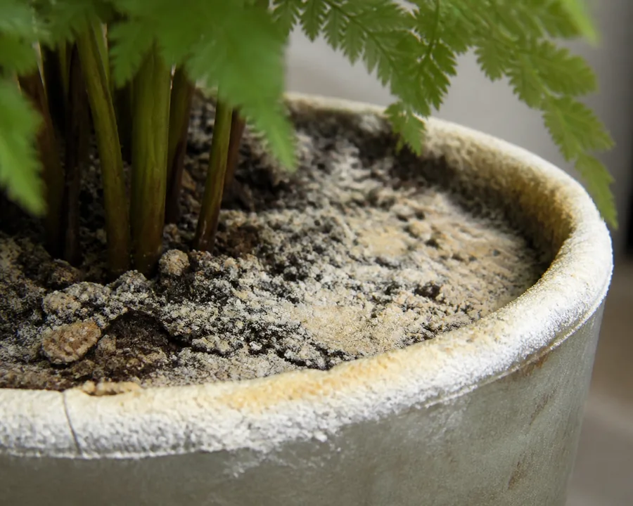 A crusty white and pale yellow mineral deposit along the rim and across the compost surface of an indoor plant pot