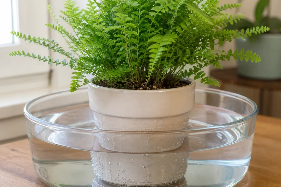 A potted fern standing in a clear glass basin of water with the water line partway up the side of the pot and air bubbles clinging to the submerged part