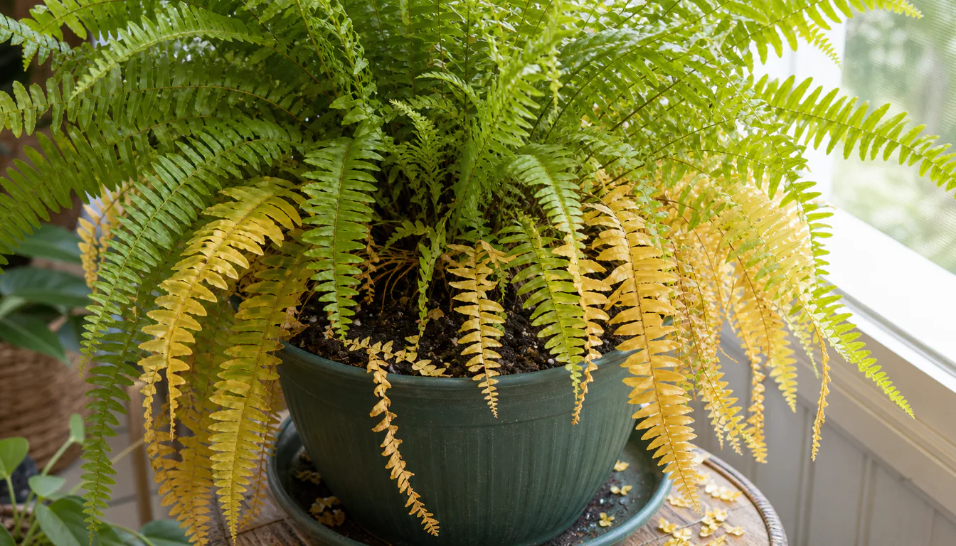 Boston fern with yellow older outer fronds below green inner fronds, with fallen yellow leaflets beside the pot