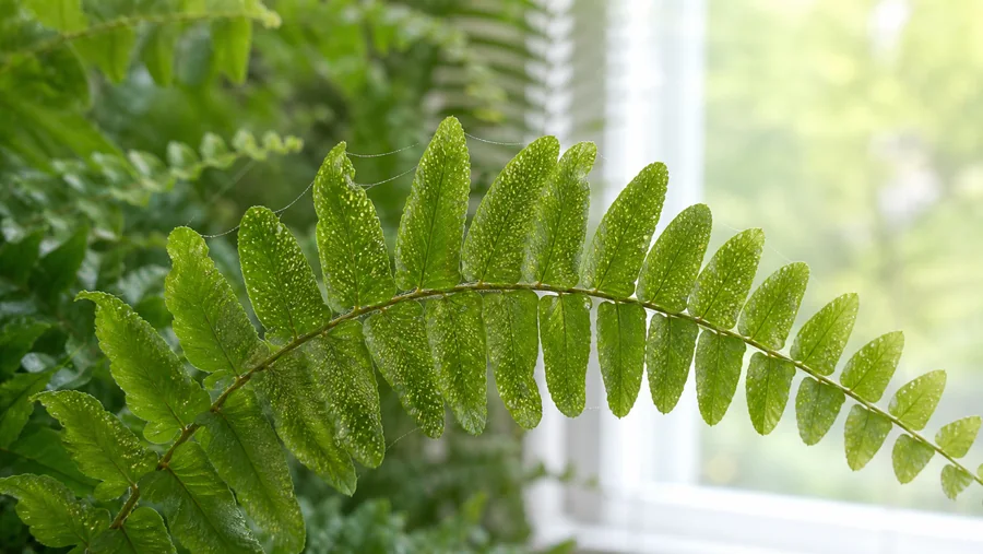 Boston fern pinnae covered in fine pale stippling with delicate web threads bridging neighboring leaflets