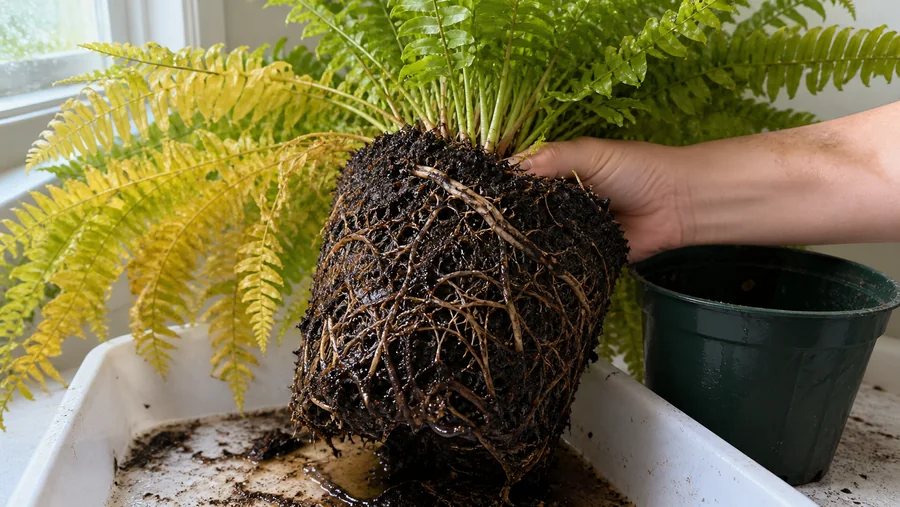 Boston fern lifted from its pot with glossy saturated mix, dark deteriorating roots, yellow outer fronds, and a green crown