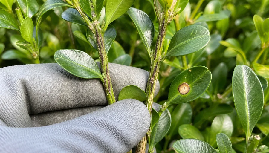 Gray-gloved hand holding apart two green boxwood stems with narrow black lengthwise streaks beside a leaf with a round tan spot