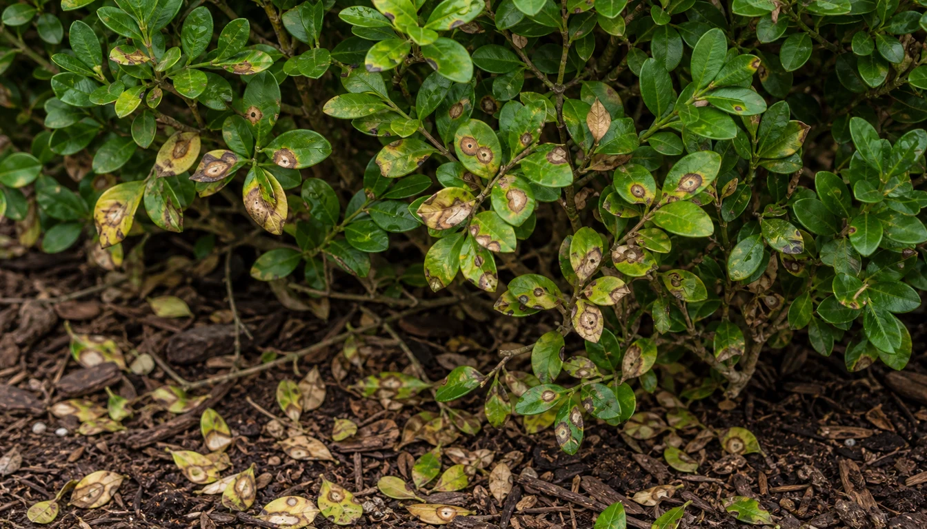 Boxwood lower canopy with round tan leaf spots bordered in brown and spotted fallen leaves scattered over mulch