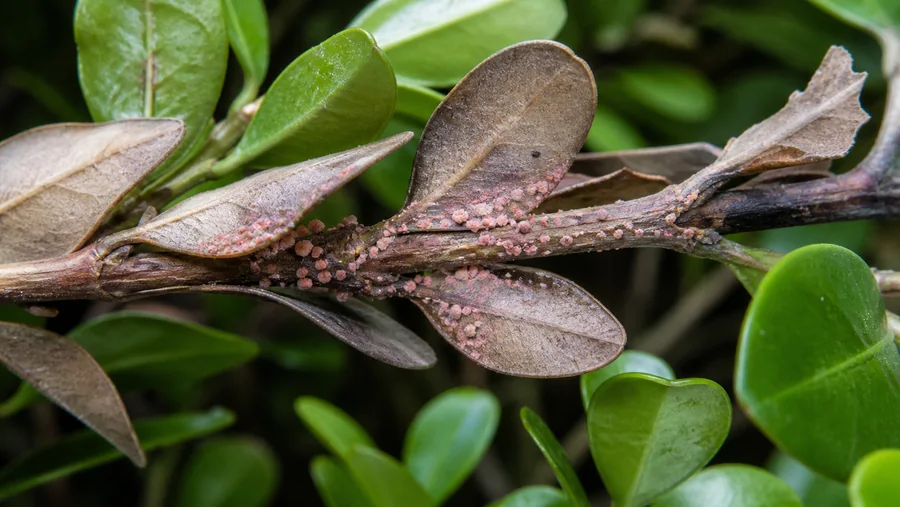 Dead boxwood leaves held on an attached twig with clusters of tiny salmon-pink fruiting cushions on the leaf undersides and bark