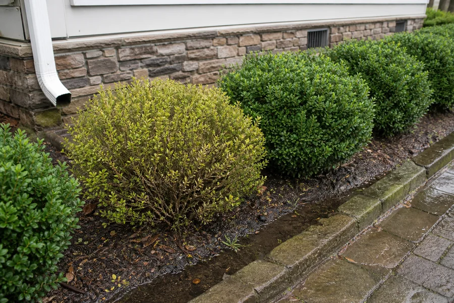 One yellow-green boxwood declining in a wet low section of a hedge beside a house downspout