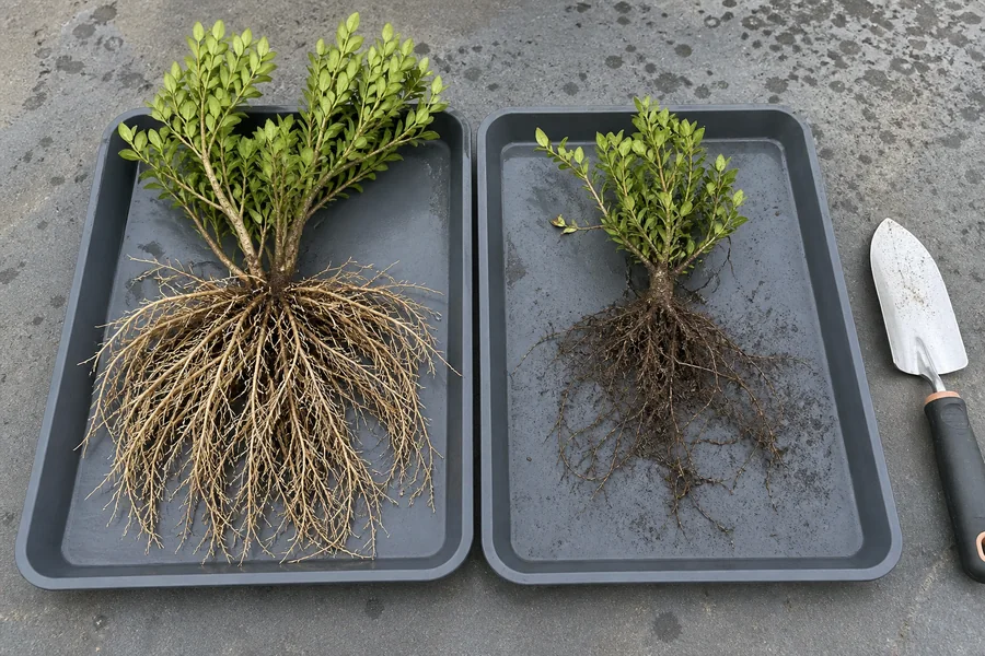 Two washed boxwood root samples showing dense firm tan feeder roots beside a sparse dark brown root system