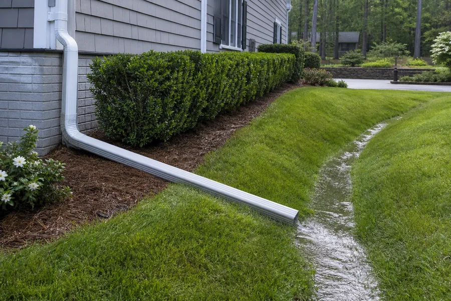 Downspout extension carrying roof water past a raised boxwood bed through a shallow swale toward lower lawn