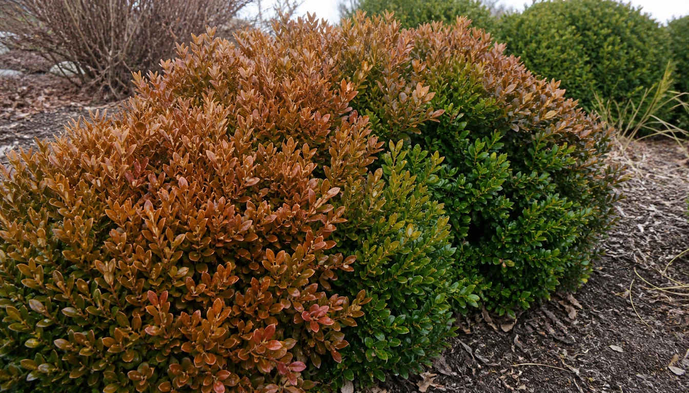 Boxwood hedge with copper-orange foliage across its exposed front and green leaves on the protected inner side
