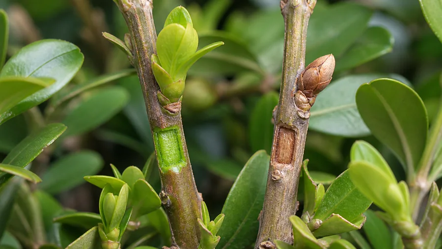 Two attached boxwood shoots with small bark windows showing moist green tissue beside a swelling bud and dry brown tissue beside a dead bud