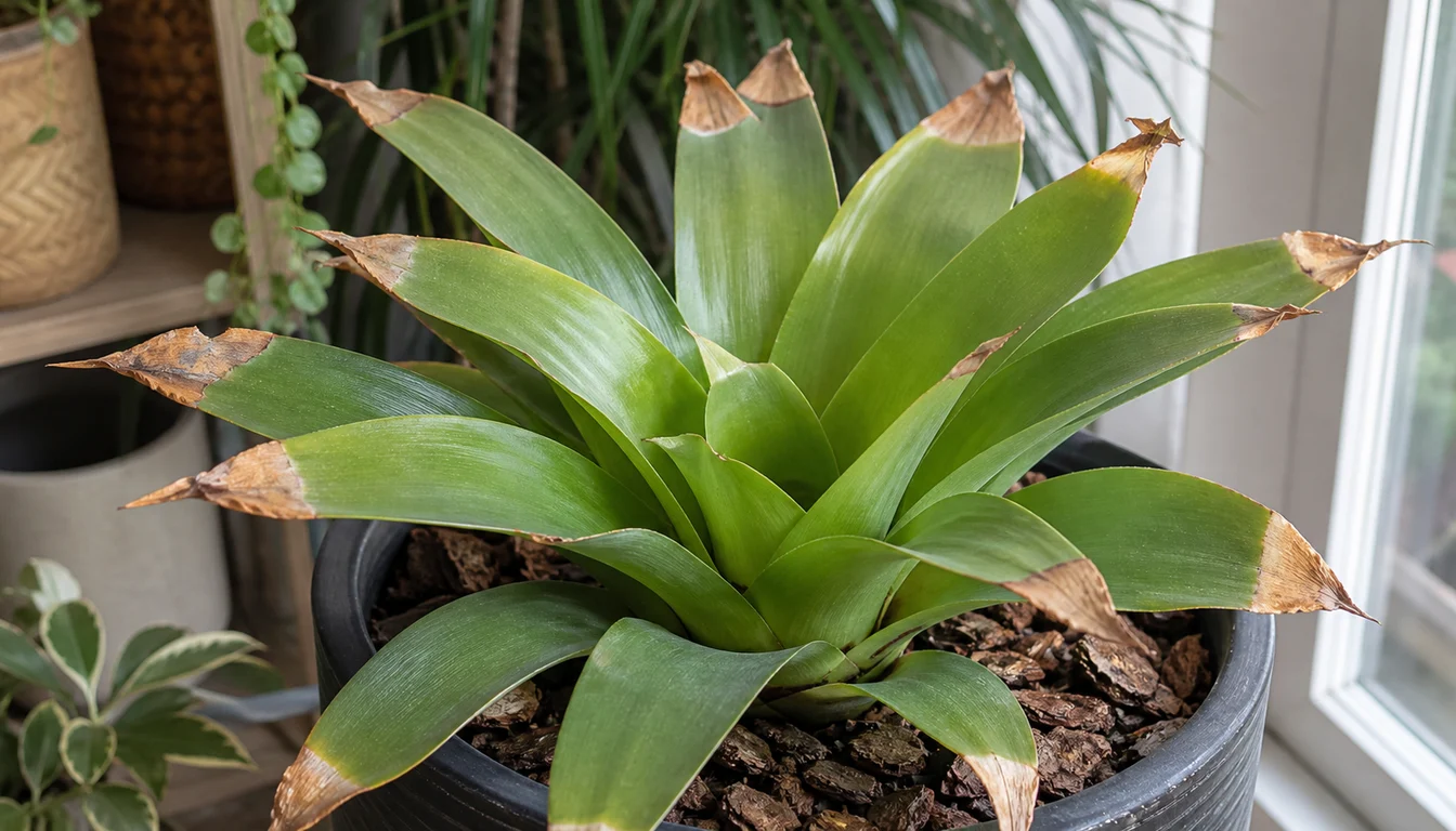 Green bromeliad with crisp tan-brown damage confined to the ends of many leaves while the central rosette remains firm