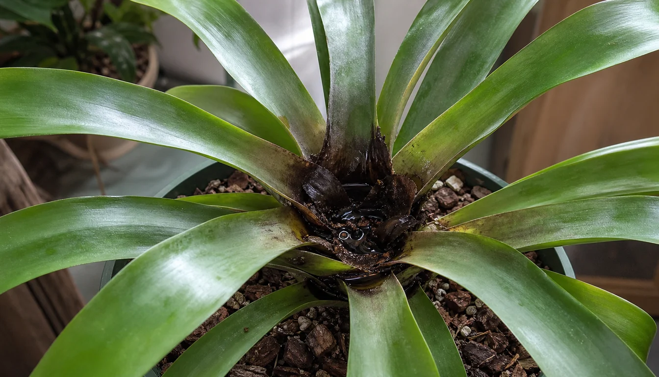 Green bromeliad with wet black-brown tissue and collapsed inner leaf bases around the central well