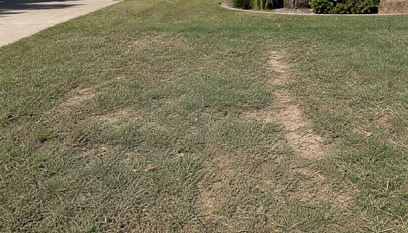 Thin patchy buffalo grass lawn with short gray-green turf, exposed sandy soil, tan brittle patches, and a worn compacted strip in bright sun.