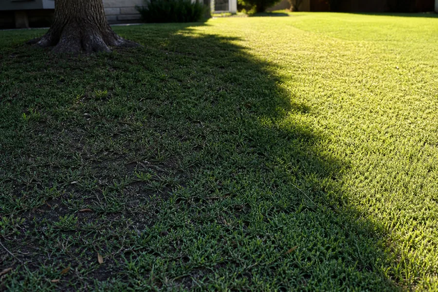 One buffalograss lawn is sparse with exposed soil beneath a tree and grows much denser immediately beyond the sharp shadow edge.