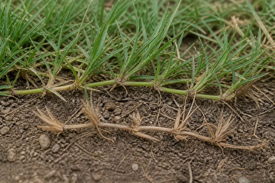 Close view of a green buffalograss runner rooted at several leafy nodes behind a separate brittle tan runner lying loose on dry soil.