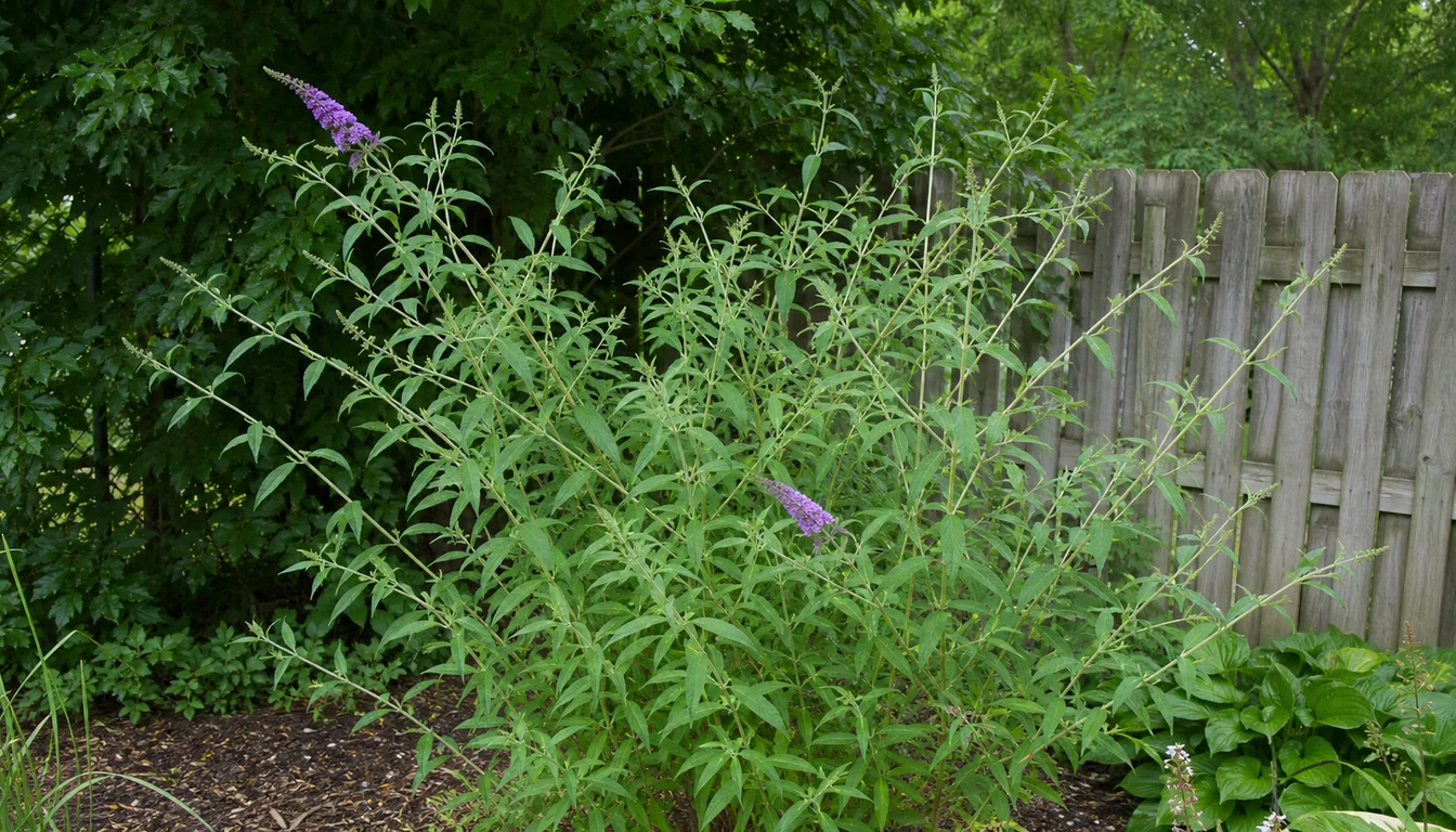 Leafy butterfly bush in a garden bed with only two small purple flower panicles and many bare green shoot tips.