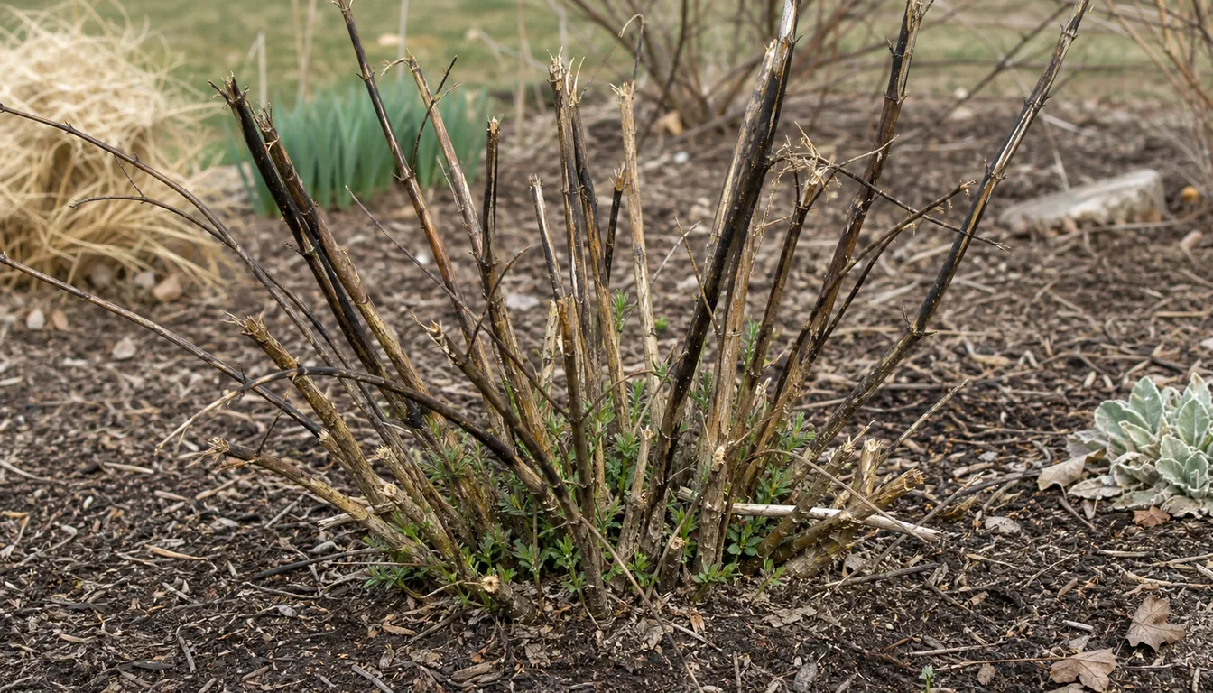 Winter-damaged butterfly bush with brittle brown and blackened canes and small green shoots emerging from the crown in a mulched bed.