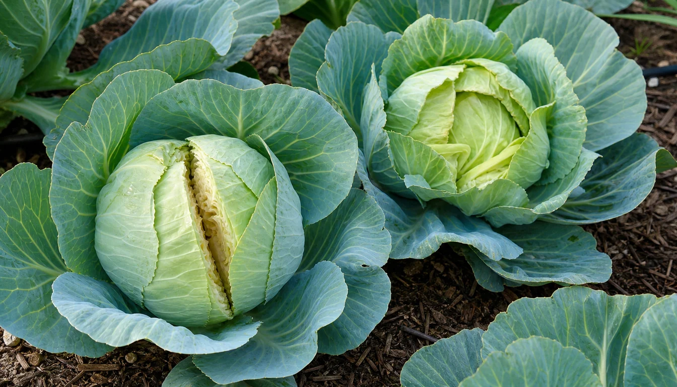 Cabbage plants in a garden bed with one head split open and another loose head with inner leaves spreading apart.