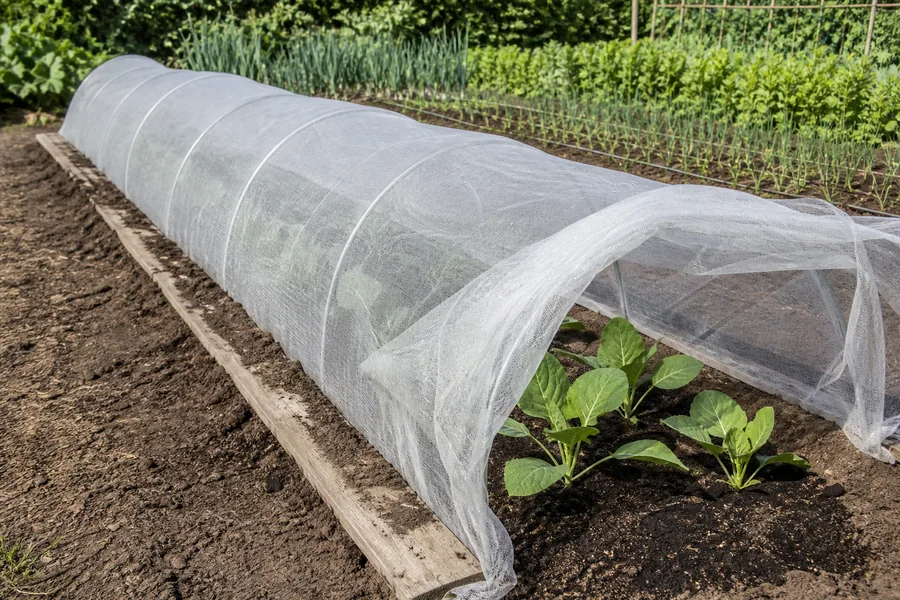 Insect-mesh low tunnel over clean young cabbage plants with weighted edges and one end opened for inspection