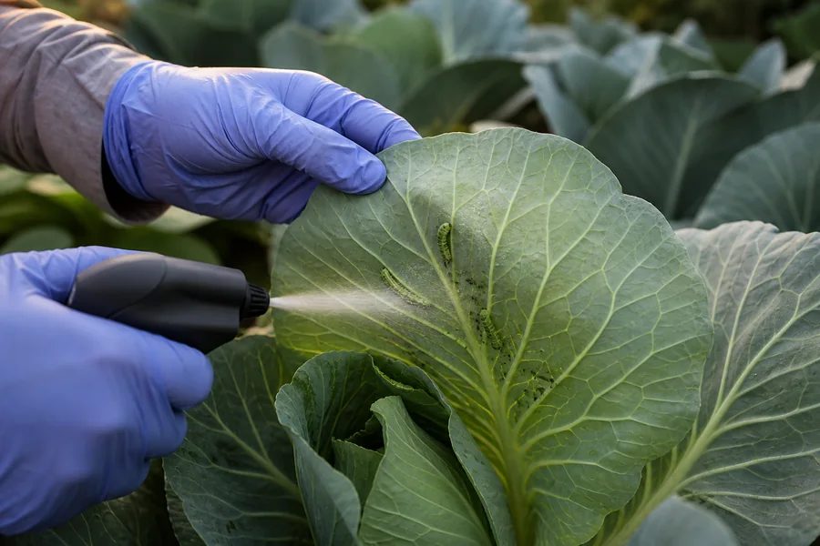 Gloved gardener lifting a cabbage leaf while a fine spray reaches small larvae and fresh frass on the underside