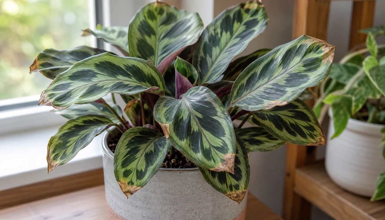 Potted Calathea with patterned green leaves showing dry brown tips and slightly browned margins near a softly lit window.