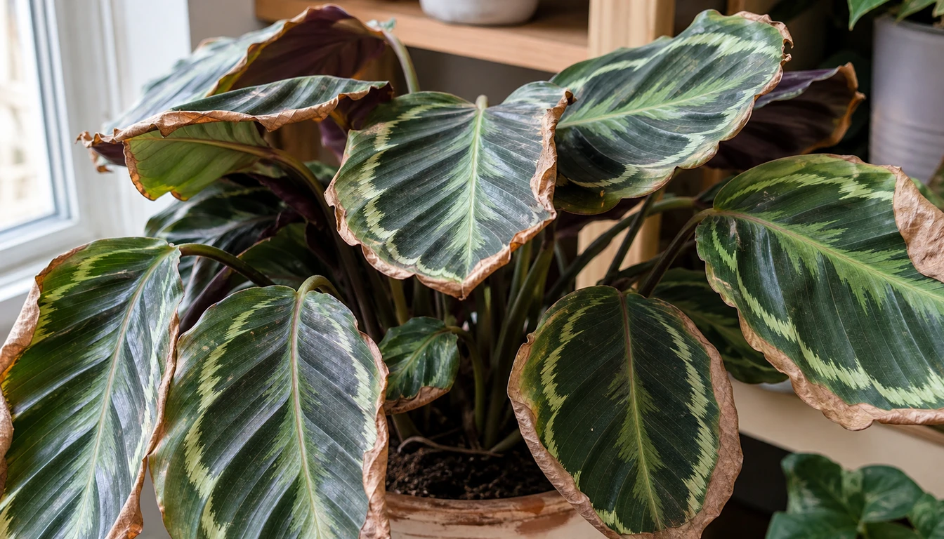 Potted Calathea with curled patterned leaves showing dry crispy brown edges near a softly lit window.