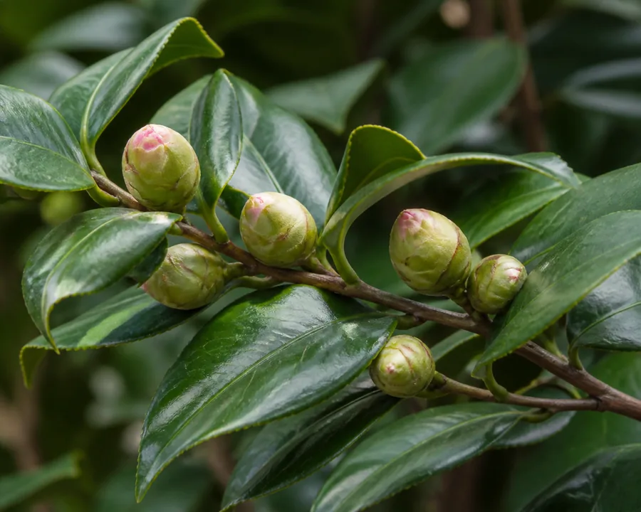 Camellia branch carrying six plump green flower buds among glossy dark green leaves.