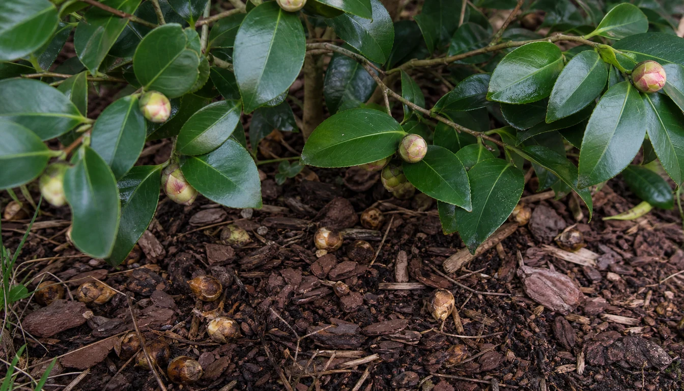 Camellia shrub with glossy green leaves, unopened buds, and several brown dropped buds on pine bark mulch.