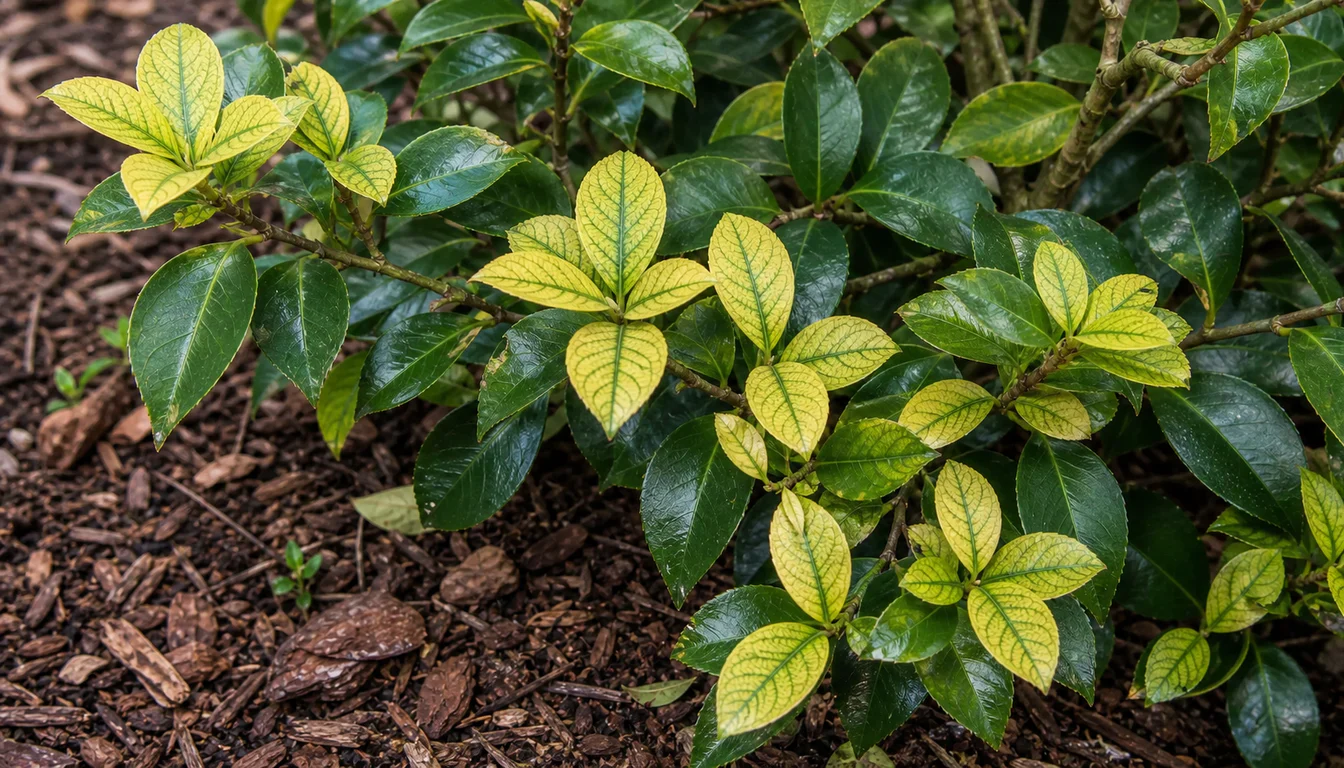 Camellia shrub with pale yellow young leaves showing green veins beside darker glossy leaves in a mulched garden bed.