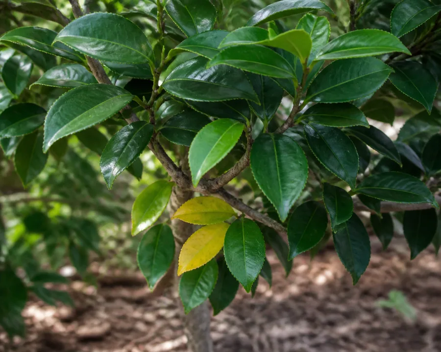 Vigorous Camellia branch with two evenly yellow older leaves low inside the canopy and glossy green leaves on the outer shoots.