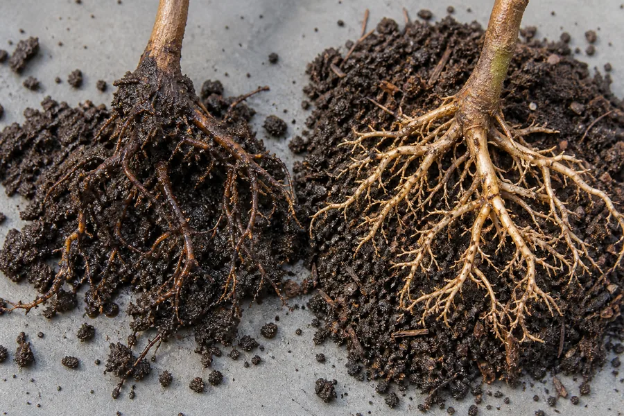 Two Camellia root samples with dark sparse roots in wet dense soil beside pale branching roots in loose soil.