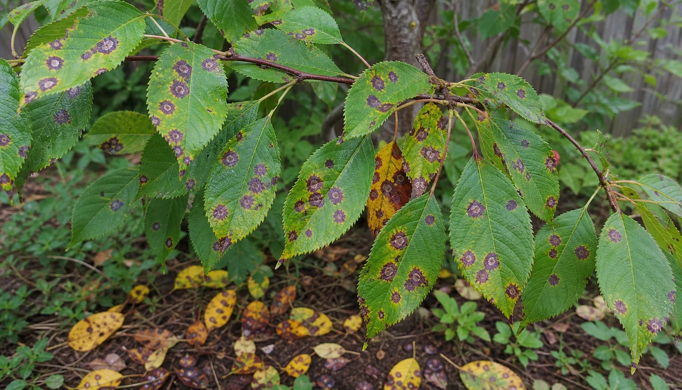 Cherry blossom branch with serrated green leaves showing purple-brown leaf spots, tan centers, and yellow halos.