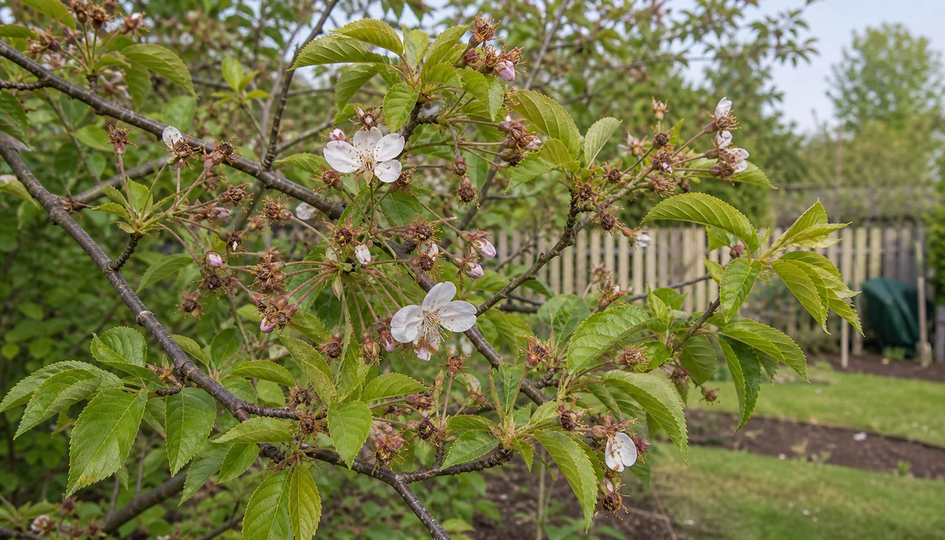Ornamental cherry branch with sparse pale blossoms, many leafy bud sites, and a few browned flower buds in spring.