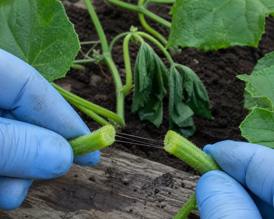 Blue-gloved hands hold two fresh cucumber stem ends apart with fine translucent strands between them and a wilted runner behind.