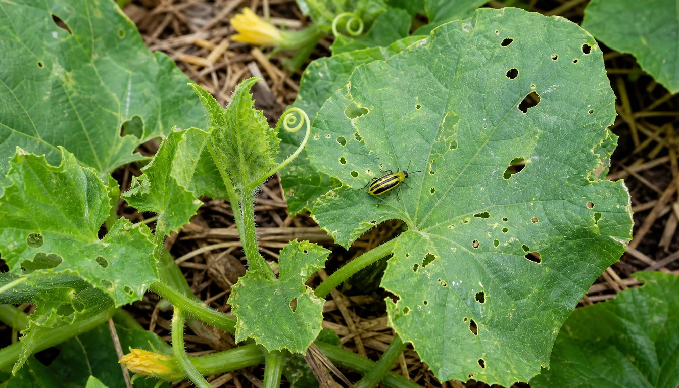Cucumber vine leaves with ragged chewing holes and a yellow black-striped cucumber beetle in a vegetable bed.