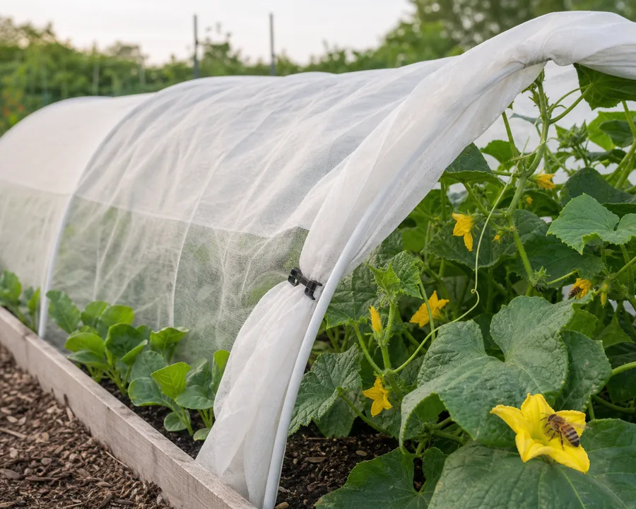 White floating row cover folded back from flowering cucumber vines while a bee visits an exposed yellow blossom.