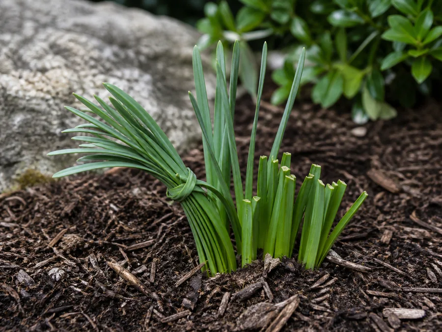 Green daffodil leaves tied into a knot beside leaves cut short while the clump remains rooted in mulch.