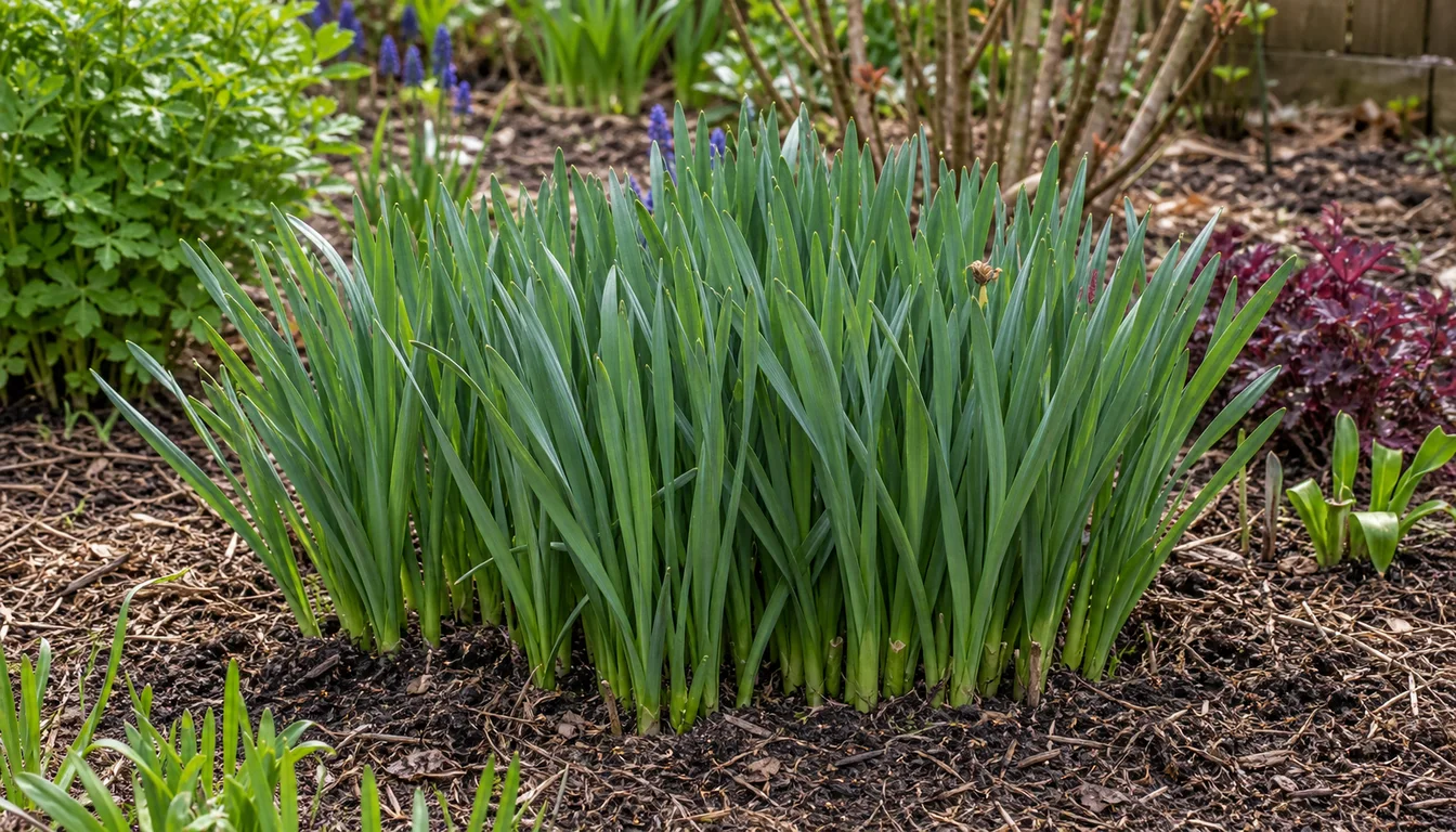 Dense clump of upright green daffodil leaves with no flower stalks in a mulched spring garden bed.