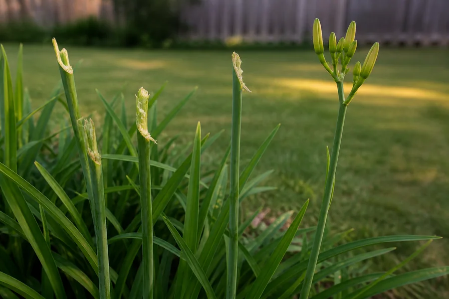 Three jagged torn daylily scape stubs at uneven heights beside one intact scape carrying a cluster of slender unopened buds.