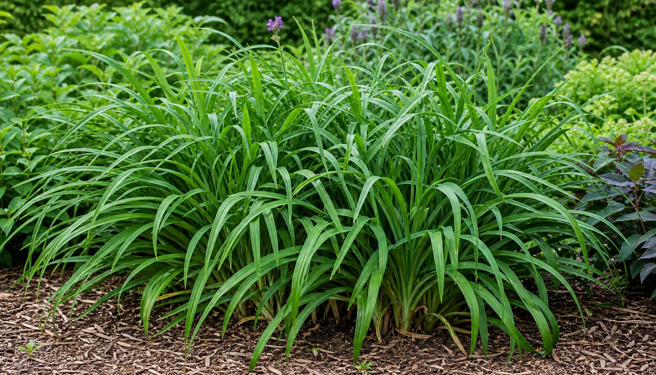Dense green daylily clump with many arching leaf fans but no upright flower scapes in a mulched perennial bed.
