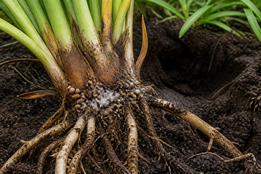 Lifted daylily with a brown decayed crown, white cottony growth, tan round sclerotia, and exposed roots.