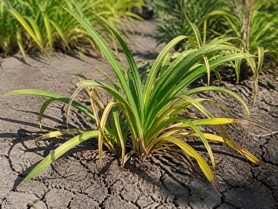 Daylily clump with yellow drooping outer leaves growing in cracked dry soil.