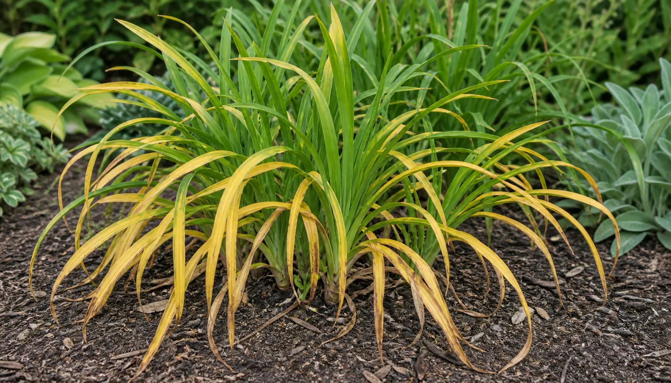 Daylily clump with yellow older leaves around firm green center fans in a mulched bed.