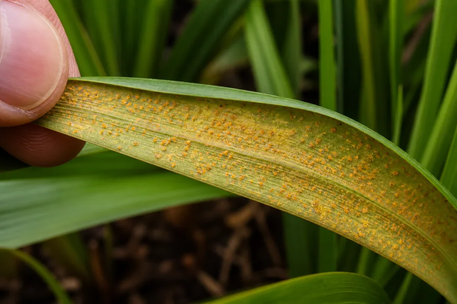 Underside of a daylily leaf held by fingertips and covered with raised orange-yellow rust pustules.