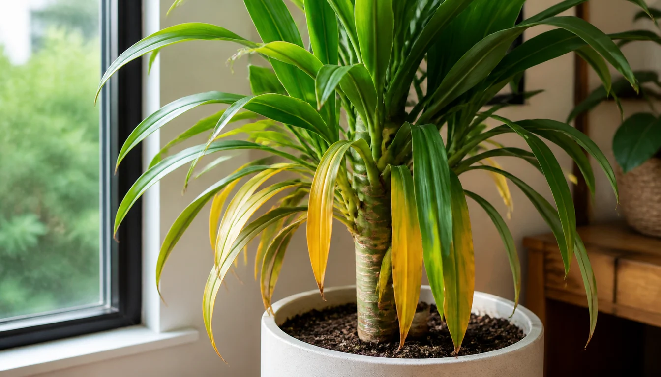 Indoor Dracaena with several yellow lower leaves beneath healthy green upper foliage beside a bright window.